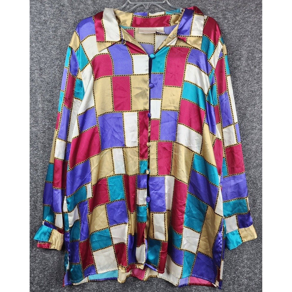 Christie & Jill Button Down Blouse Womens 2X Multicolor Chain Geometric Vintage